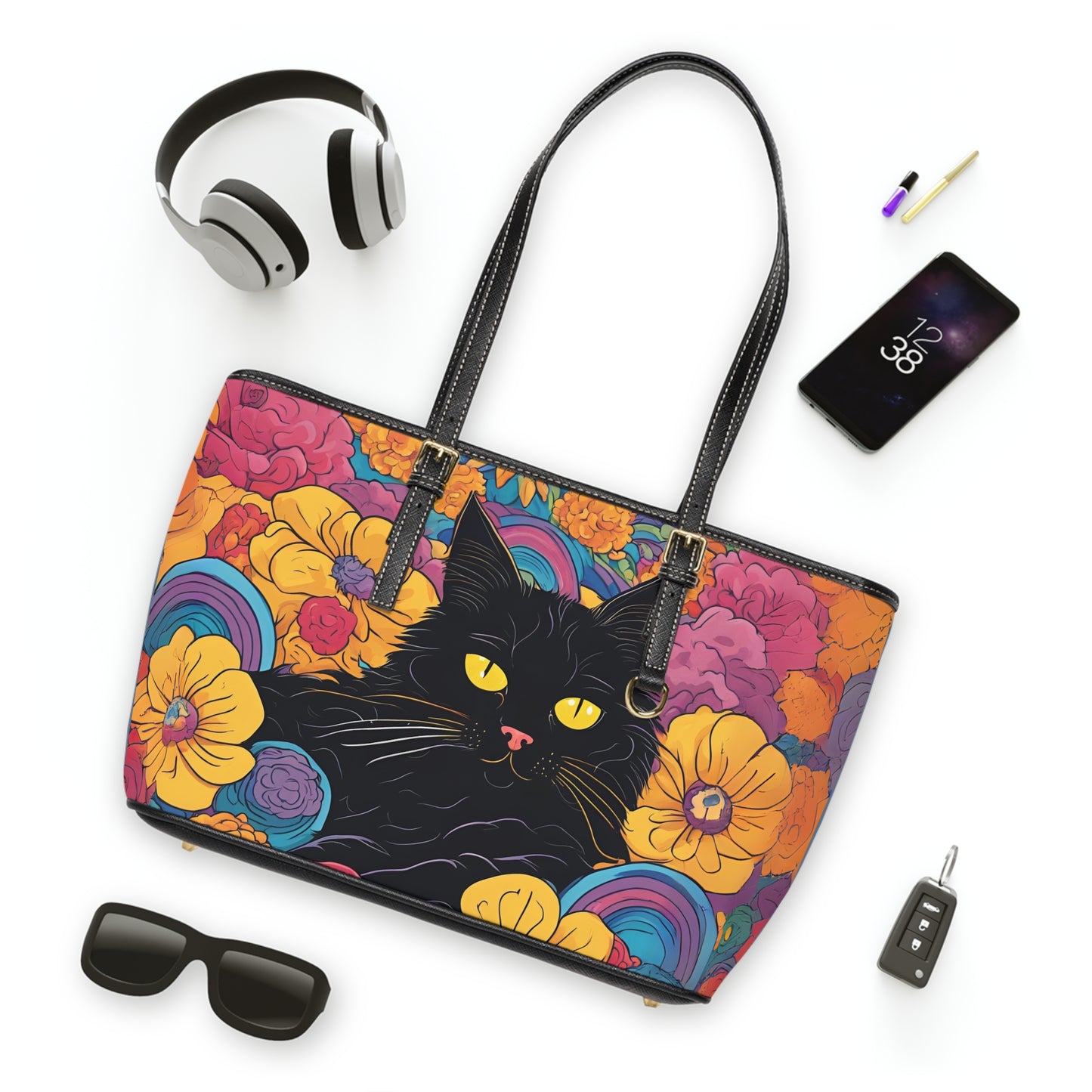 Floral Black Cat Shoulder Bag