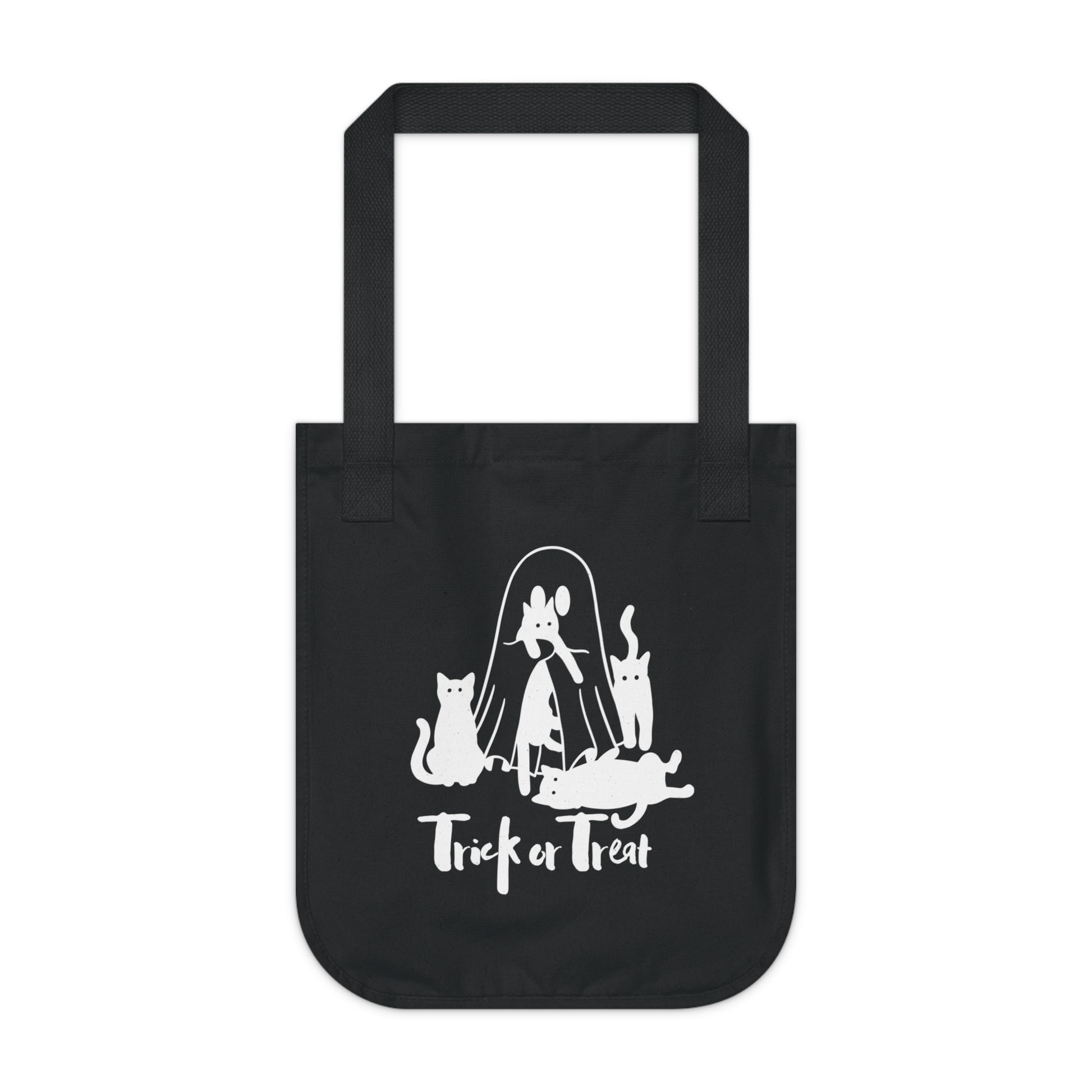 Ghost and cats Trick to Treat Organic Canvas Tote Bag, Funny Halloween shopping bag, Spooky Season grocery bag, Ghost and cats reusable tote