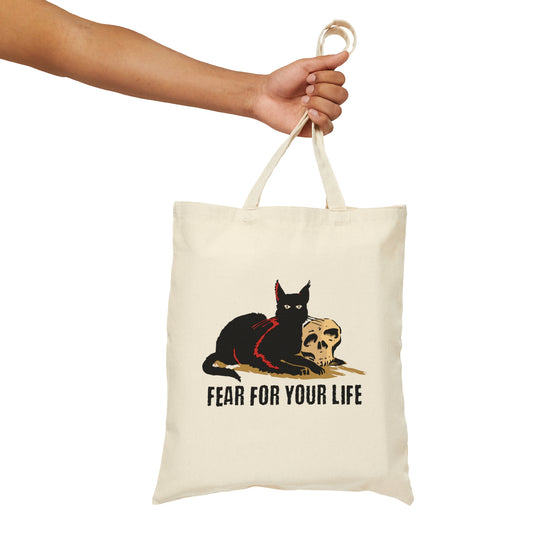 Black Cat Says Fear For Your Life Canvas Tote Bag, Sarcastic cat shopping bag, funny cat grocery bag, Creepy reusable tote, spooky tote bag