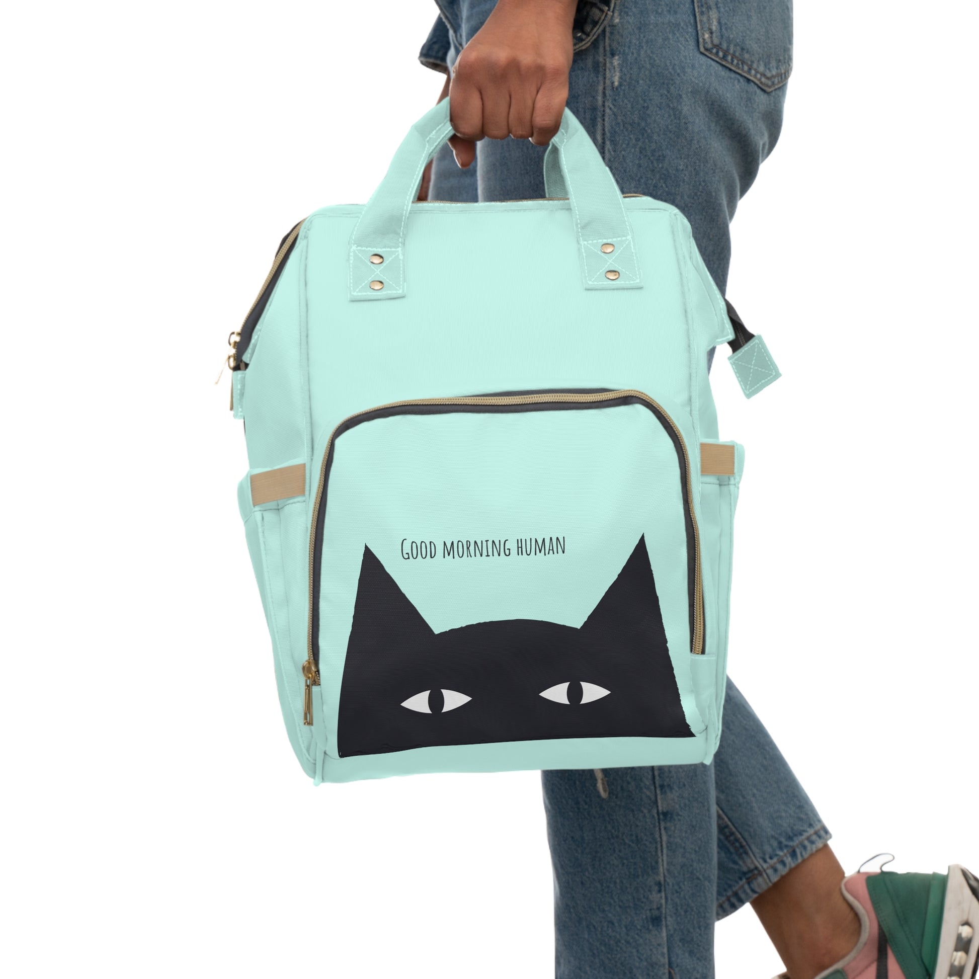 Black Cat says Good Morning Human Multifunctional Backpack, back to school, cat lover gift, cats on backpack, travel backpack, gift for her