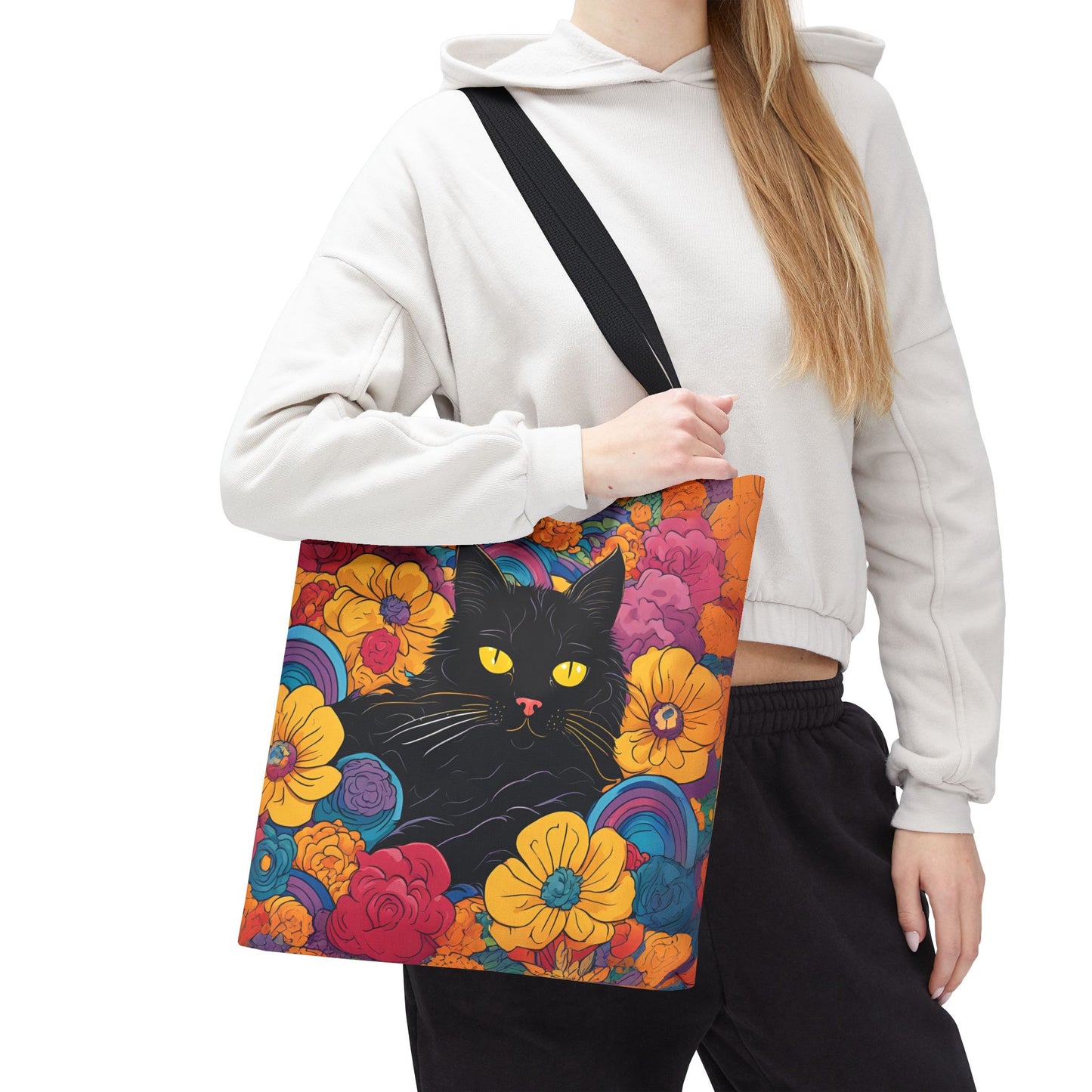 Floral Black Cat Canvas Tote Bag