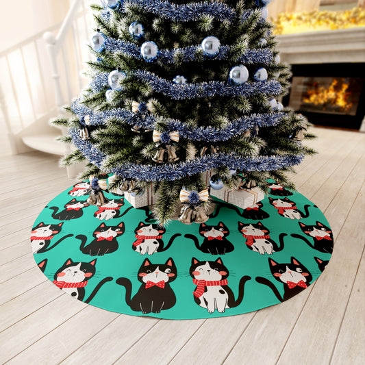 Cute cats Dou pattern Christmas tree skirt, Kawaii cats merry xmas Round Tree Skirt, Cozy Cats Christmas home Decor, Cats holiday room decor