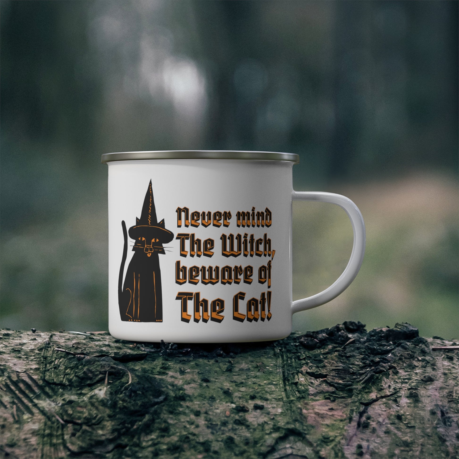 Witchy black cat Enamel Camping Mug, celestial magical mug, vintage cup, mystical gothic mug, cat owner gift, familiar coffee mug