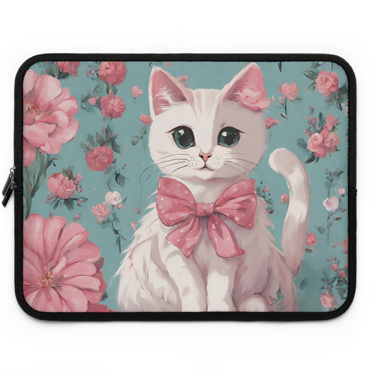 White Cat with Flowers Laptop Sleeve