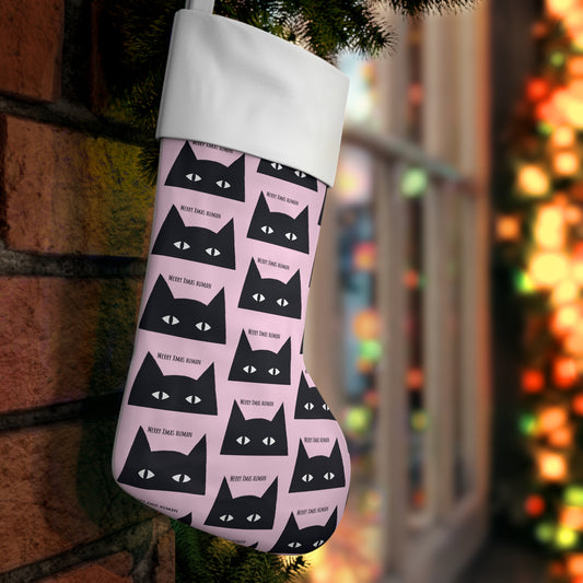 Black cat says "Merry Xmas Human" pattern Holiday Stocking, Christmas Holiday Stocking, black cat Xmas Holiday Stocking, Black cat gift