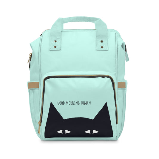 Black Cat says Good Morning Human Multifunctional Backpack, back to school, cat lover gift, cats on backpack, travel backpack, gift for her