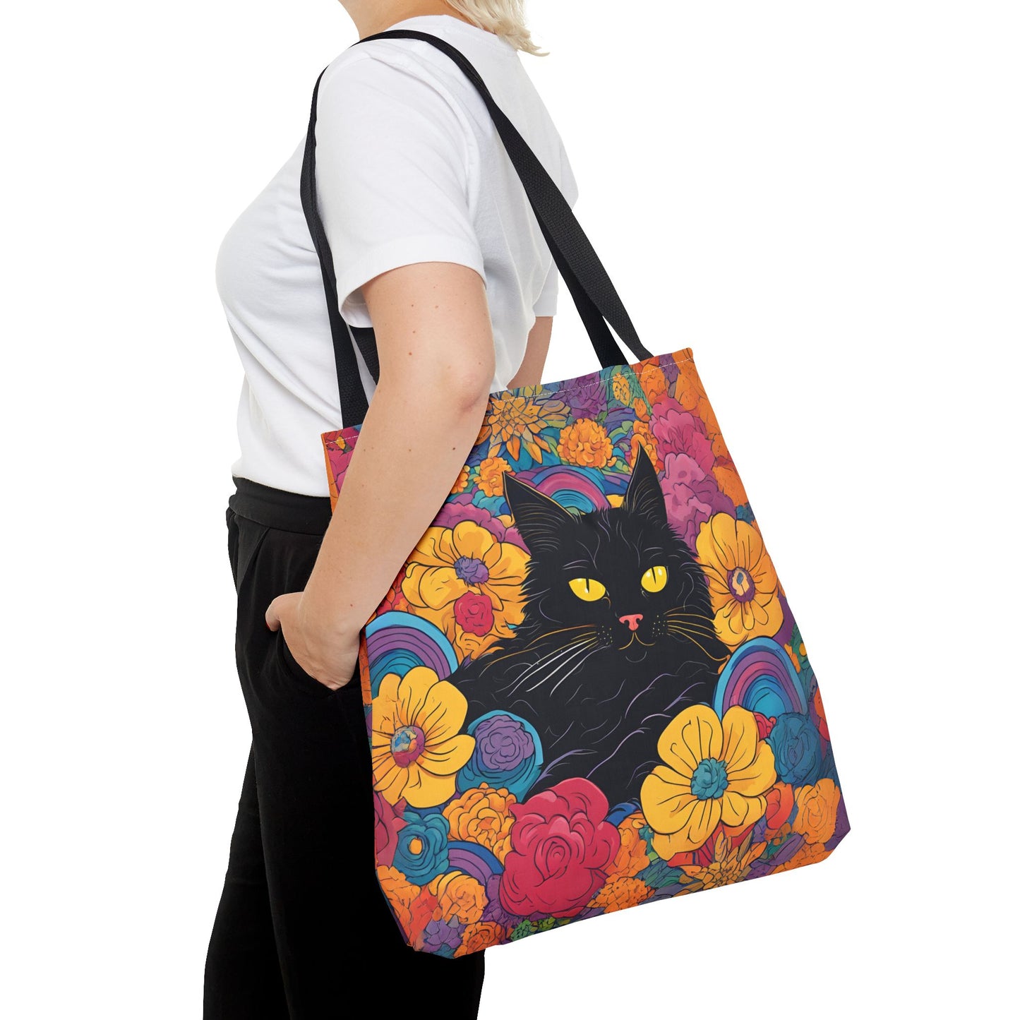 Floral Black Cat Canvas Tote Bag