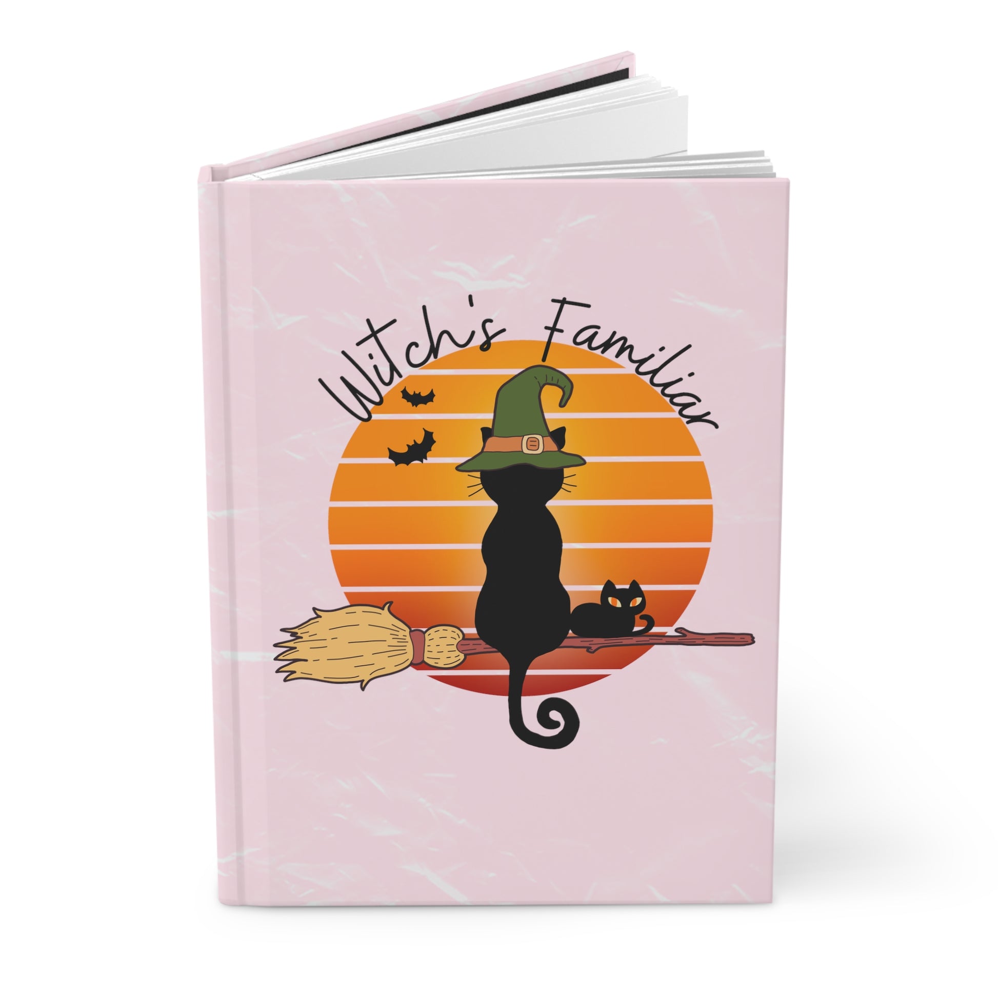 Witchy Cat Retro Vintage Sunset Hardcover Journal Matte, Black Cat Familiar Notebook, Spooky Season Journal, Cute Mystical magical Notebook