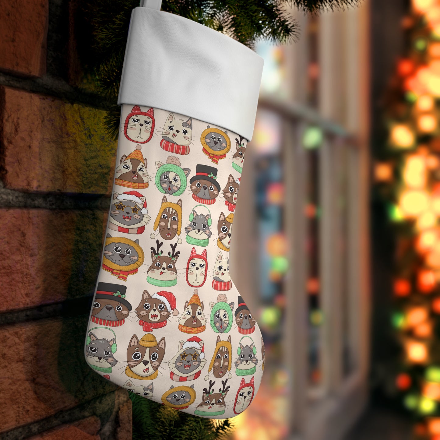 Cats Merry Xmas pattern Santa Stocking, Cute cats with red Santa's hat Christmas Holiday Stocking, Funny Cats Merry Christmas decoration