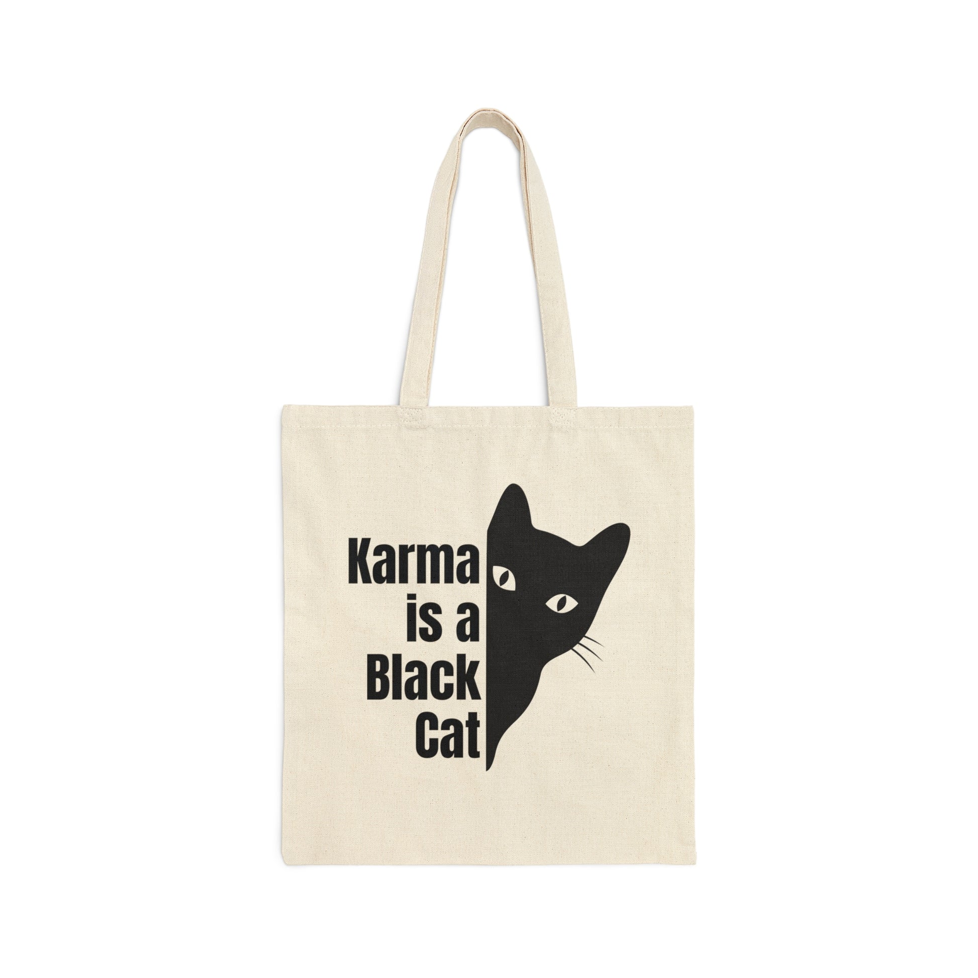 Karma is a black cat Canvas Tote Bag, cat quote shoulder bag, cat-themed grocery bag, Funny cat reusable tote, cute cat shopping bag