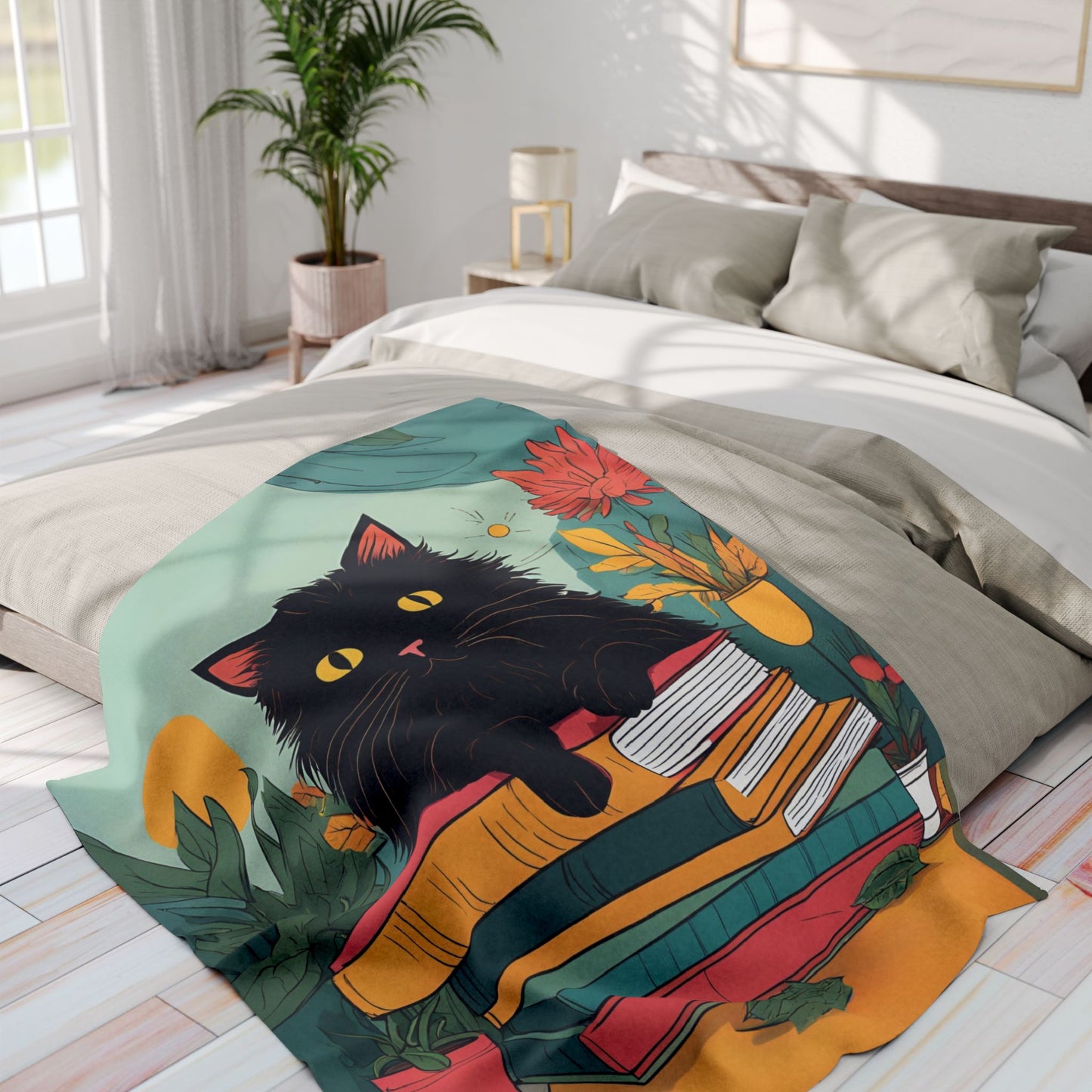 Black Cat and Books Arctic Fleece Blanket