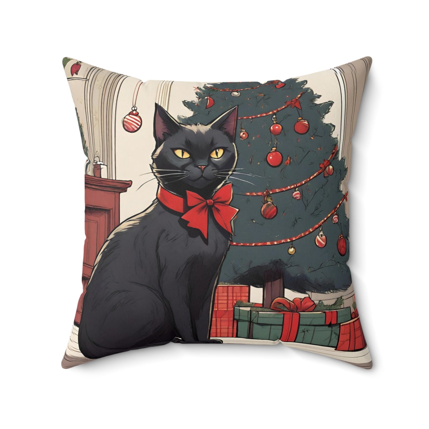 Cute Black Cat Christmas Pillow, Kawaii Cat xmas Pillow, Cozy Cat Christmas Cushion, Cat Christmas home decor, Adorable xmas room decor