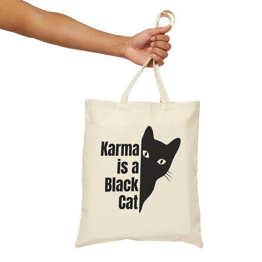 Karma is a black cat Canvas Tote Bag, cat quote shoulder bag, cat-themed grocery bag, Funny cat reusable tote, cute cat shopping bag