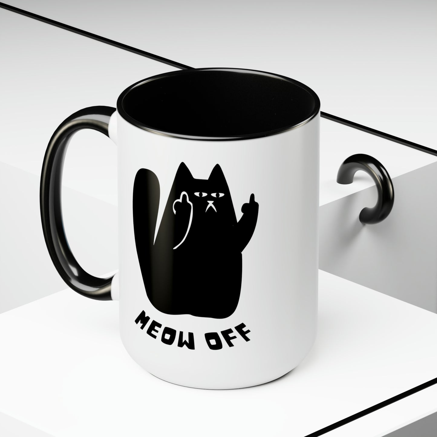 Black Cat pointing middle finger and says meow off Mug 15oz