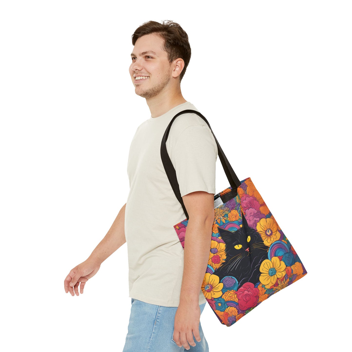 Floral Black Cat Canvas Tote Bag