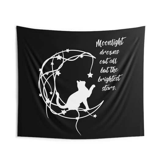 Witchy Cat and moon Indoor Wall Tapestries, Magical black cat Familiar Tapestry, Celestial Mystical room decor, Radiant Whimsical Home decor