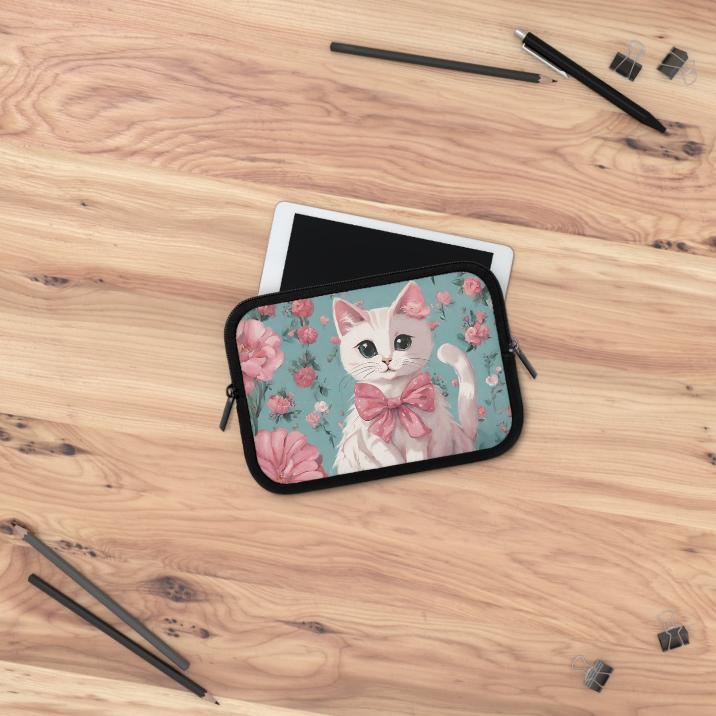 White Cat with Flowers Laptop Sleeve