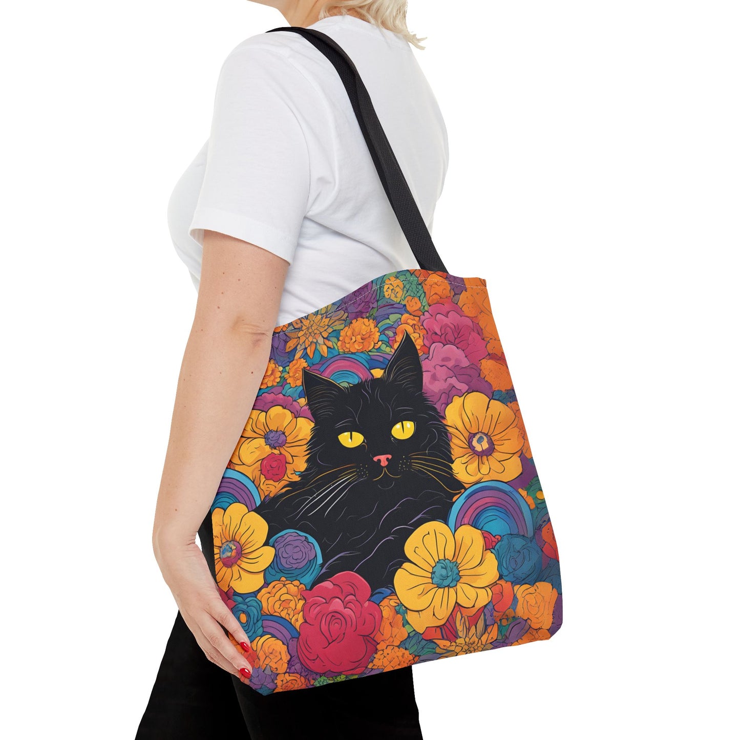 Floral Black Cat Canvas Tote Bag