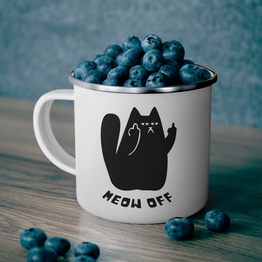 Funny cat cup, sarcastic cat Mug, Black Cat pointing middle finger and says meow off Mug, Fuck you cat Enamel Camping Mug