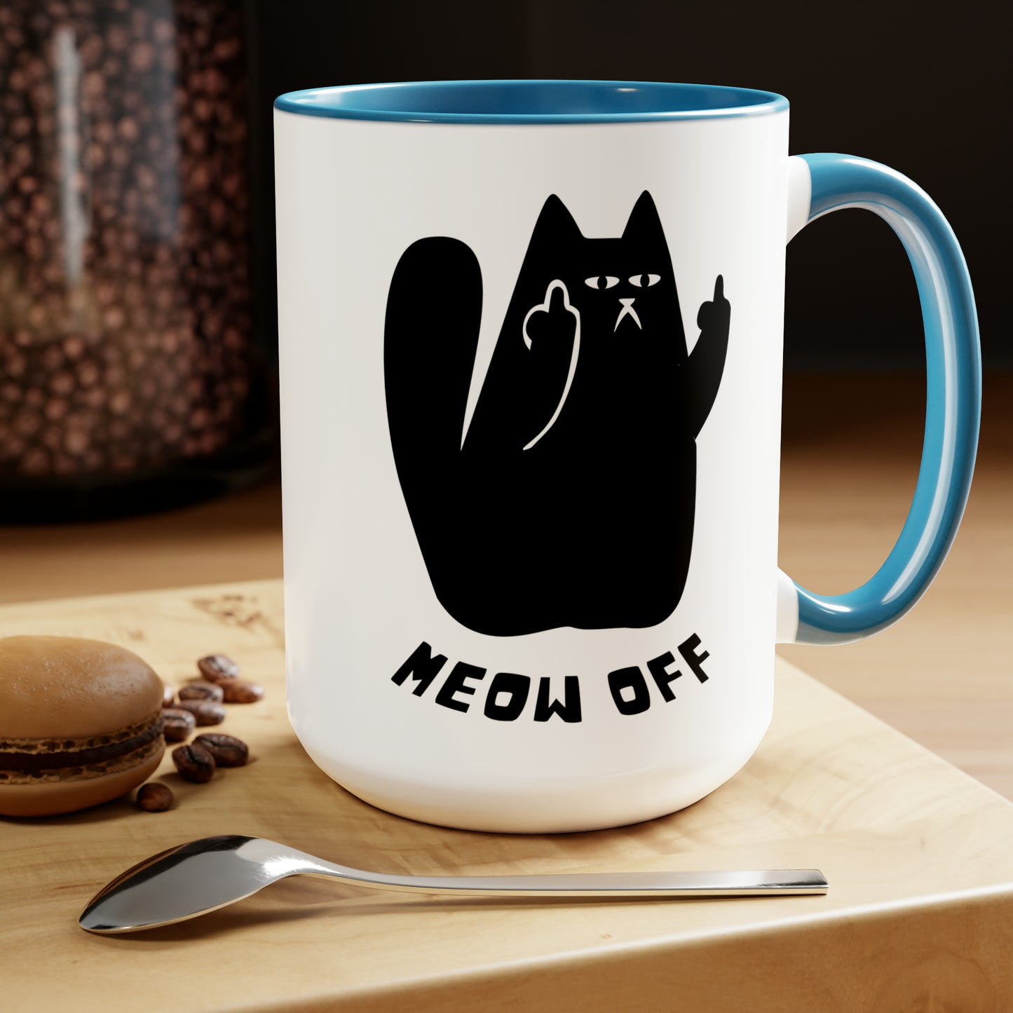 Black Cat pointing middle finger and says meow off Mug 15oz