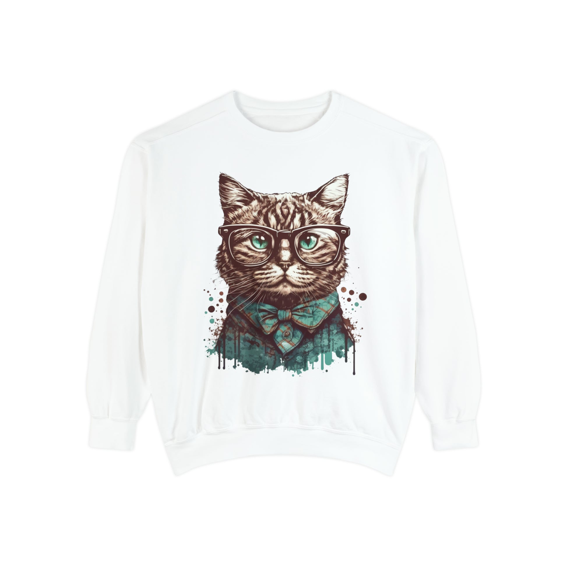 Nerd Cat Unisex Garment-Dyed Sweatshirt, Geeky cat Comfort Colors sweater, Cute cat pullover, Nerdy cat jumper, cozy gift for cat lovers