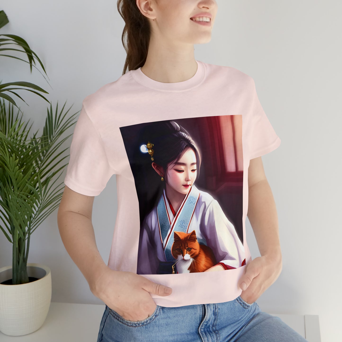 Geisha and ginger cat T-shirt, maiko cat shirt, feudal japan aesthetic cat Tee, girl in a kimono cat lover gift, anime cat aesthetic shirt