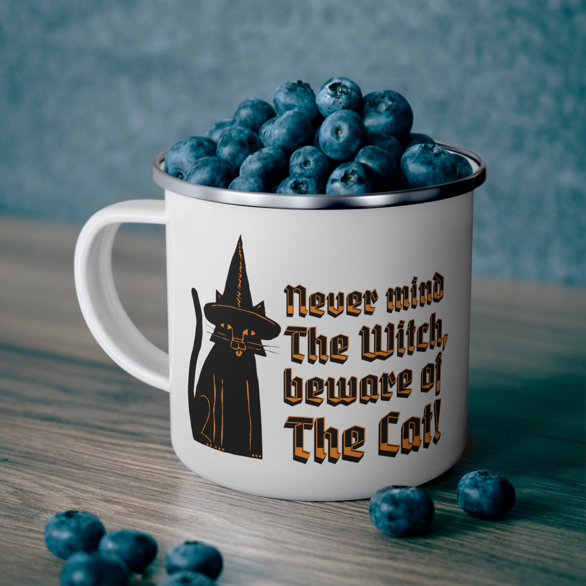 Witchy black cat Enamel Camping Mug, celestial magical mug, vintage cup, mystical gothic mug, cat owner gift, familiar coffee mug