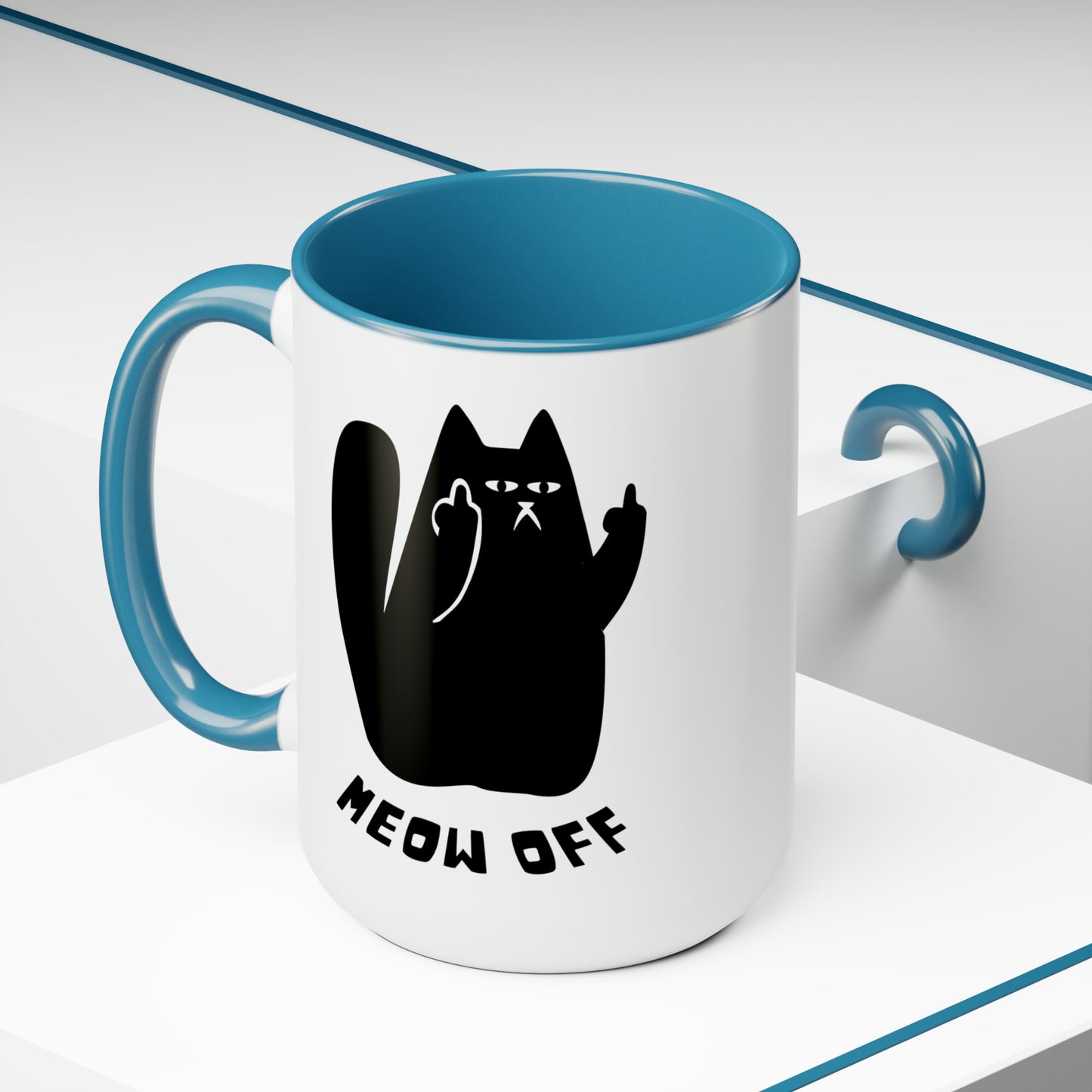 Black Cat pointing middle finger and says meow off Mug 15oz