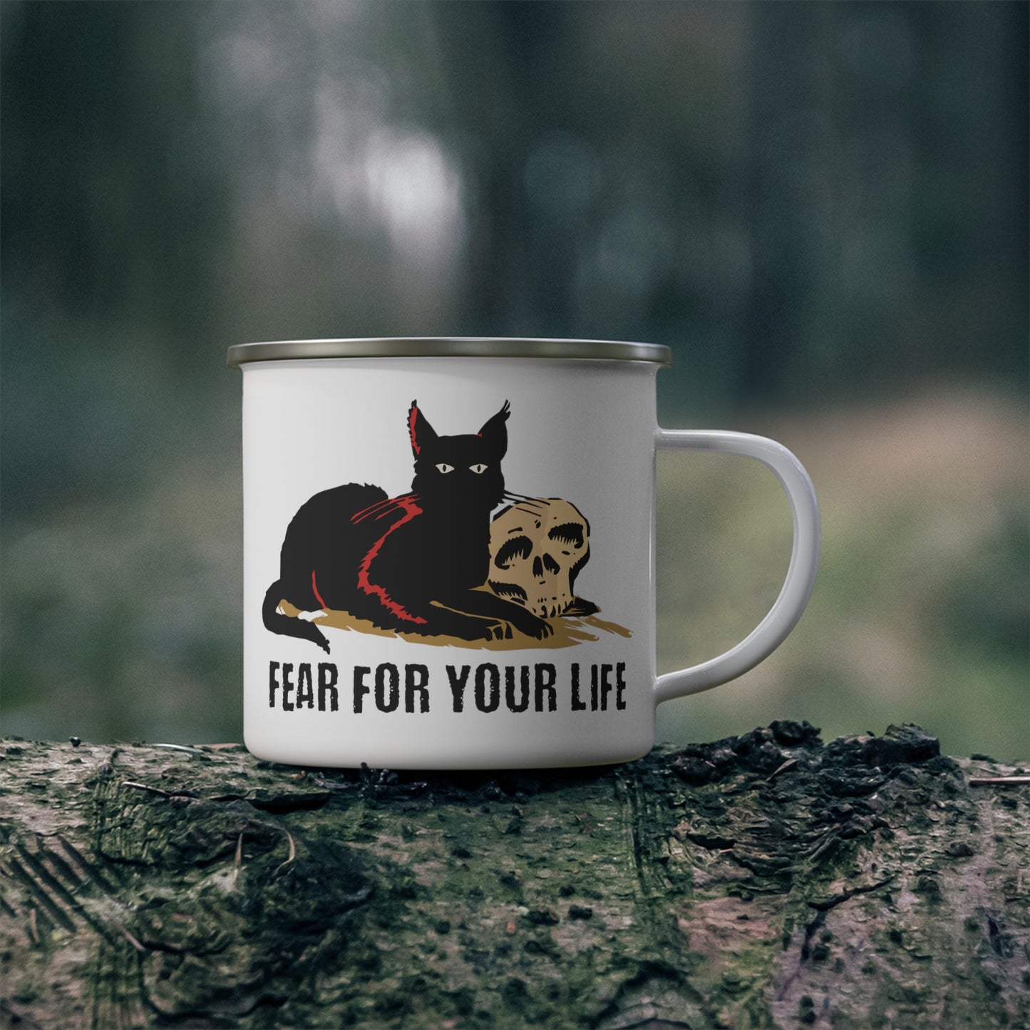 Black Cat Says Fear For Your Life Enamel Mug, Sarcastic cat mug, Cat lover mug, Funny cat mug, Spooky cat coffee mug, Creepy camping mug