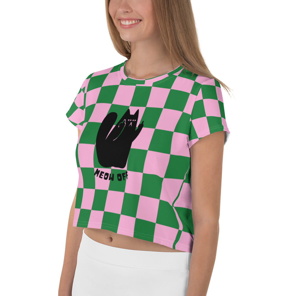 Checkered Funny cat Crop Tee