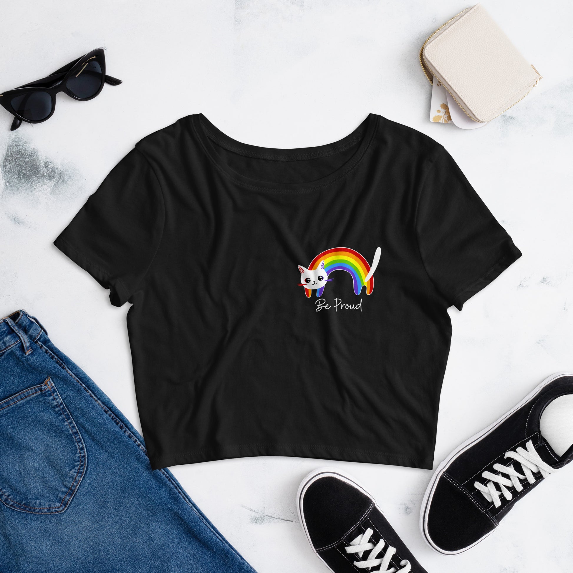Rainbow Pride Cat Women’s Crop Tee, Cat LGBTQ cropped top, colorful cat cropped tee, cute Lgbt shirt, funny kawaii cat top, cat lover gift