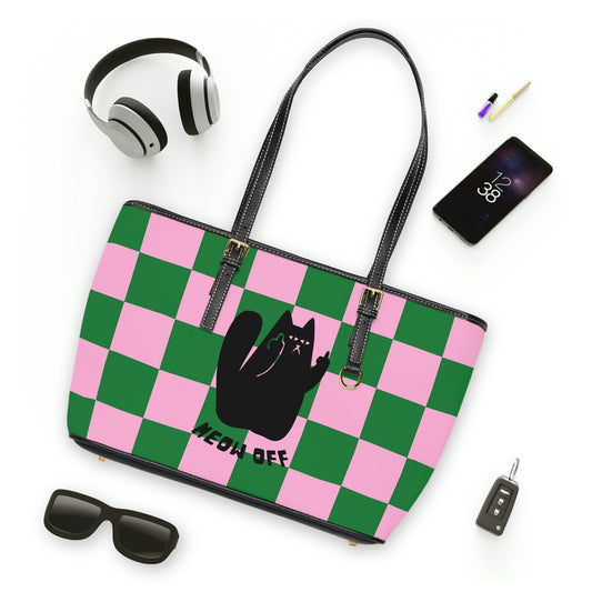 Checkered Funny cat PU Leather Shoulder Bag, gift for her, Black Cat pointing middle finger Shoulder Bag, cat lover gift, fake leather bag