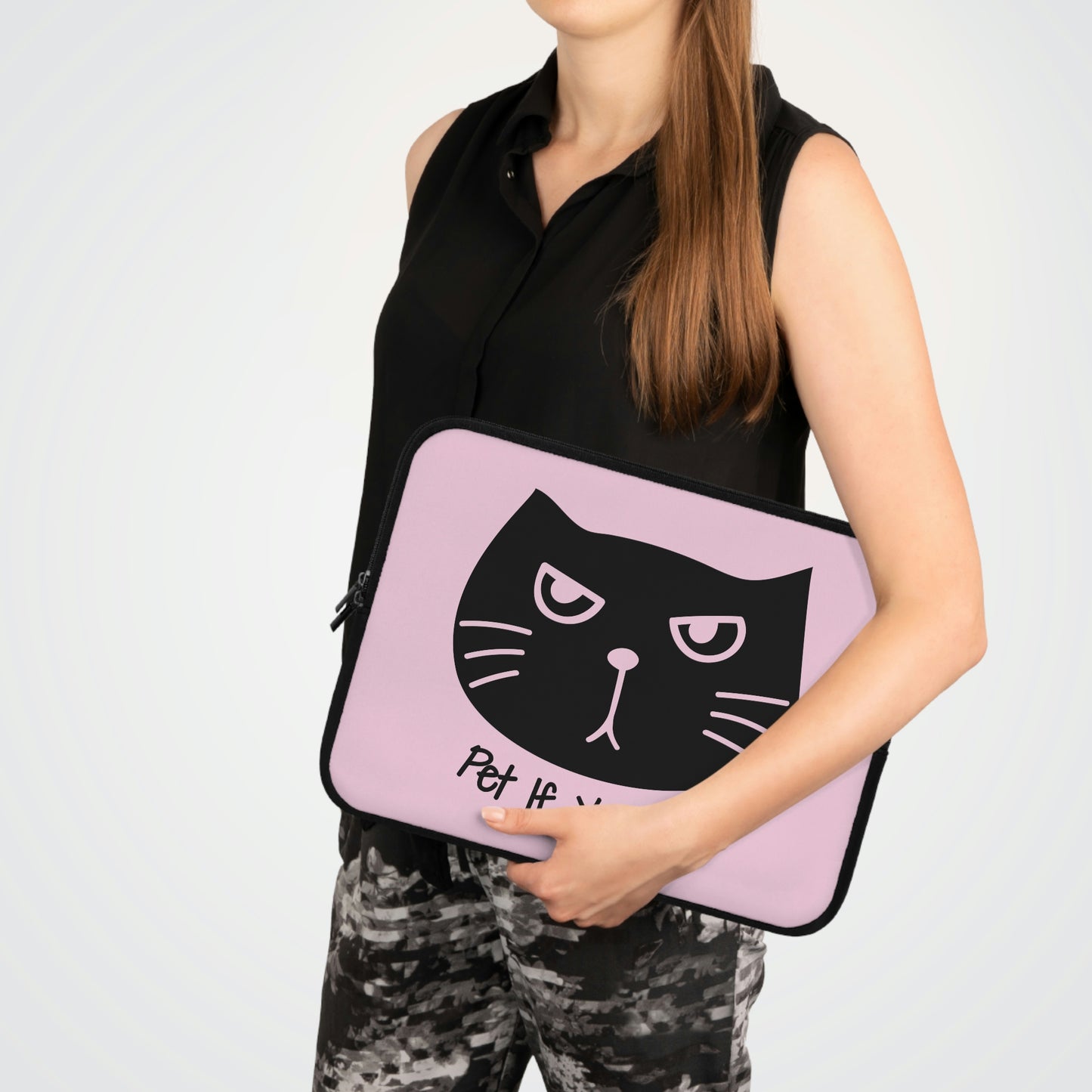 Black cat says Pet if you can pink Laptop Sleeve