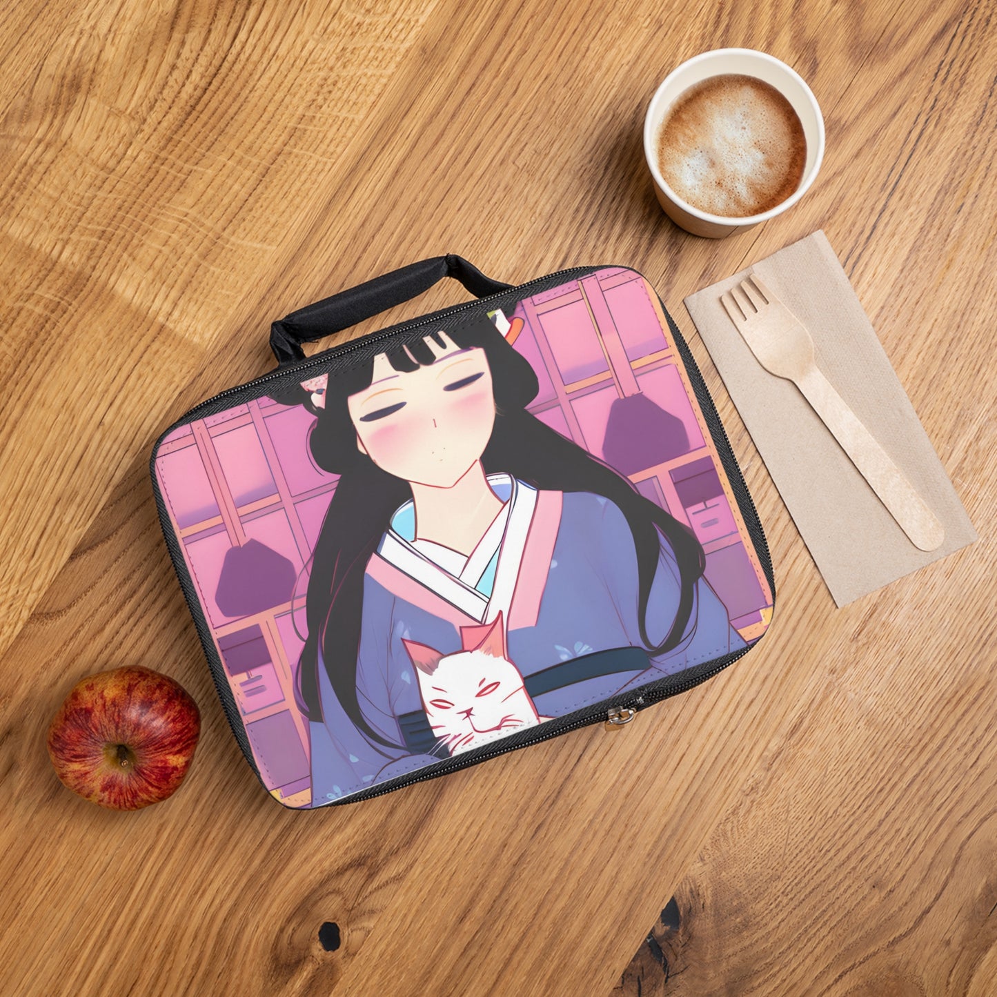 Anime Girl in Kimono and Cat Lunch Bag