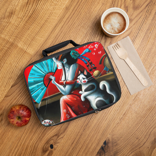 Geisha and cat Lunch Bag, Traditional Chinese women art lunch tote, Japanese picnic bag, back to school gift, Asian-inspired art lunch bag