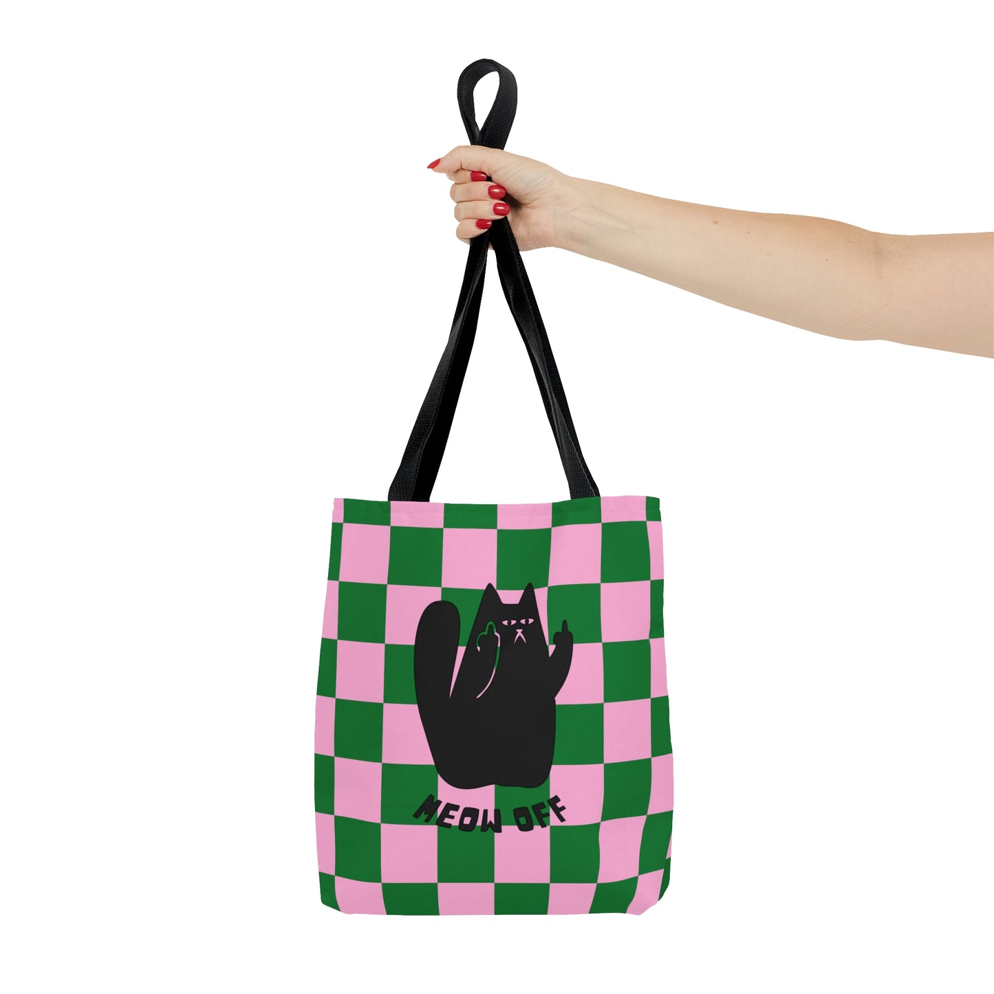 Checkered Funny cat bag, sarcastic cat bag, Black Cat pointing middle finger and says meow off AOP tote bag, Fuck you cat gift