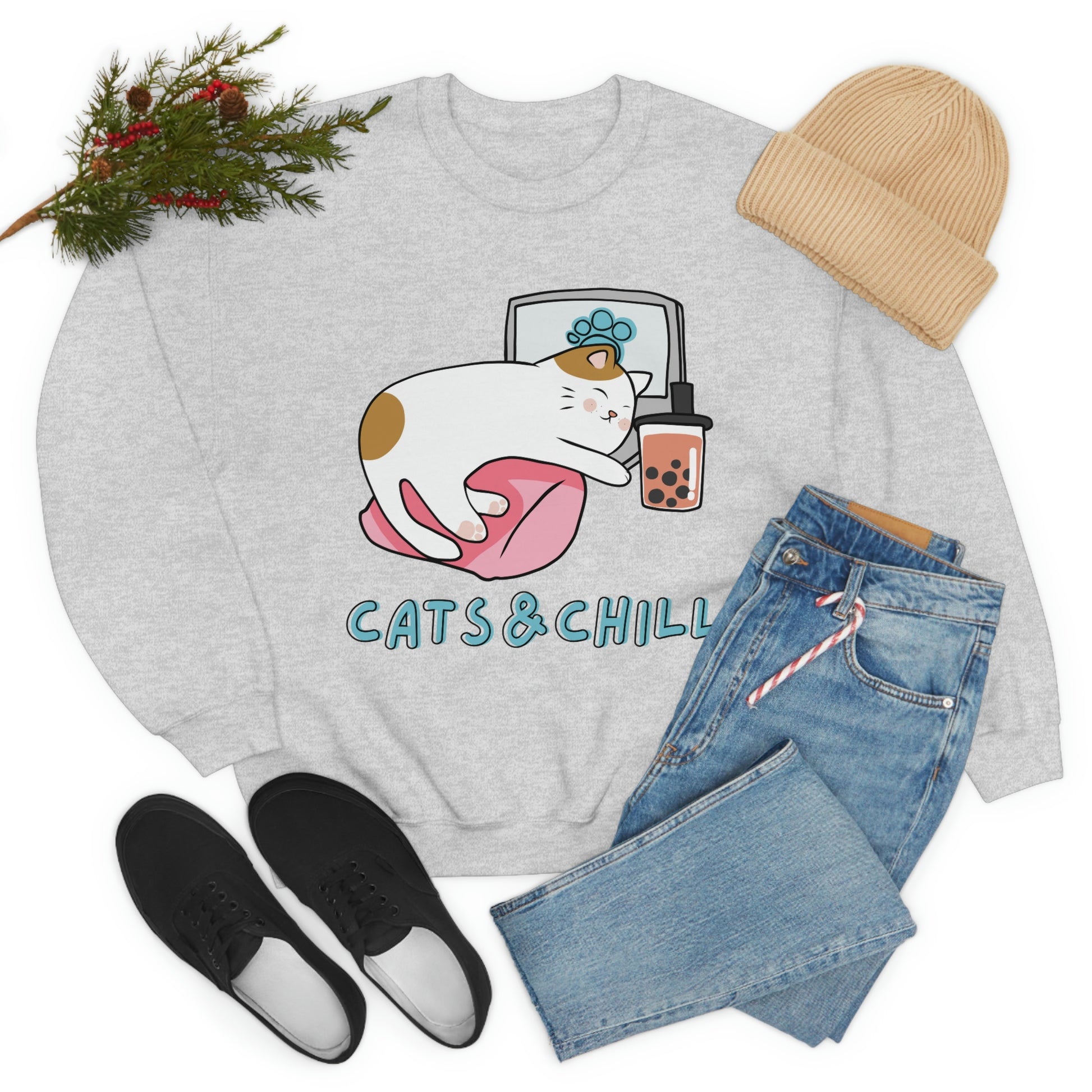 Cats and chill Crewneck Sweatshirt, cat lover gift, funny cat sweater, crazy cat lady jumper, cat owner gift, cat mom pullover cute cat gift