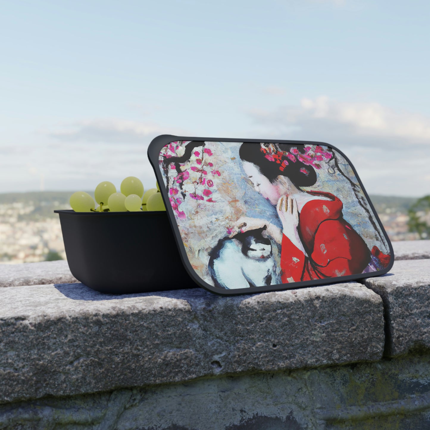 Geisha and a cat PLA Bento Box with Band and Utensils, Art painting maiko and a cat and a sakura tree lunch box, Asian-inspired art bento