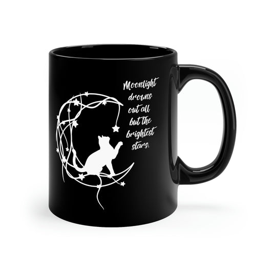 Cat moon 11oz Black Mug, mystical cat coffee cup, witchy cat tea cup, cat lover gift, cat celestial dream mug, magical mug, cat mom gift