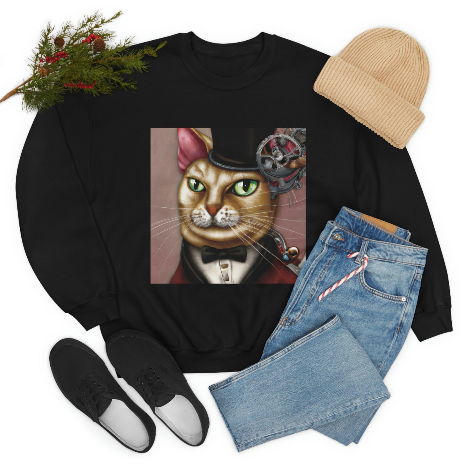 Steampunk Cat Sweatshirt, Victorian cat Sweatshirt, Vintage cat Sweatshirt, Cyberpunk cat pullover, Retro cat jumper, Steampunk Cat Sweater