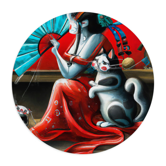 Geisha and cat round mouse pad, chinese women mouse pad, Japanese feudal art round mouse pad, Asian-inspired art mouse pad, back to school