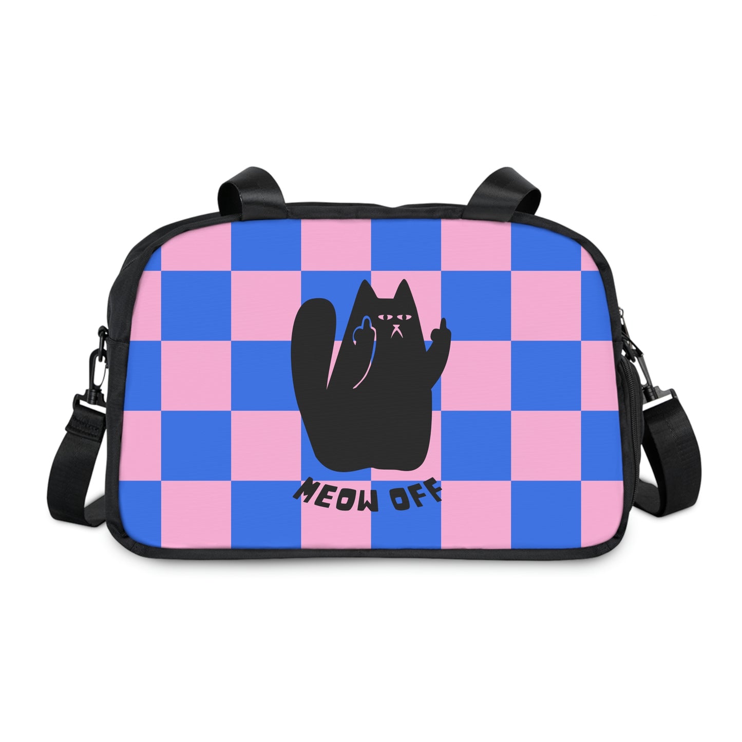 Checkered Funny cat Fitness Handbag, Black Cat middle finger workout bag, cute cat gym bag, cat lover gift ,kawaii yoga bag, sport bag