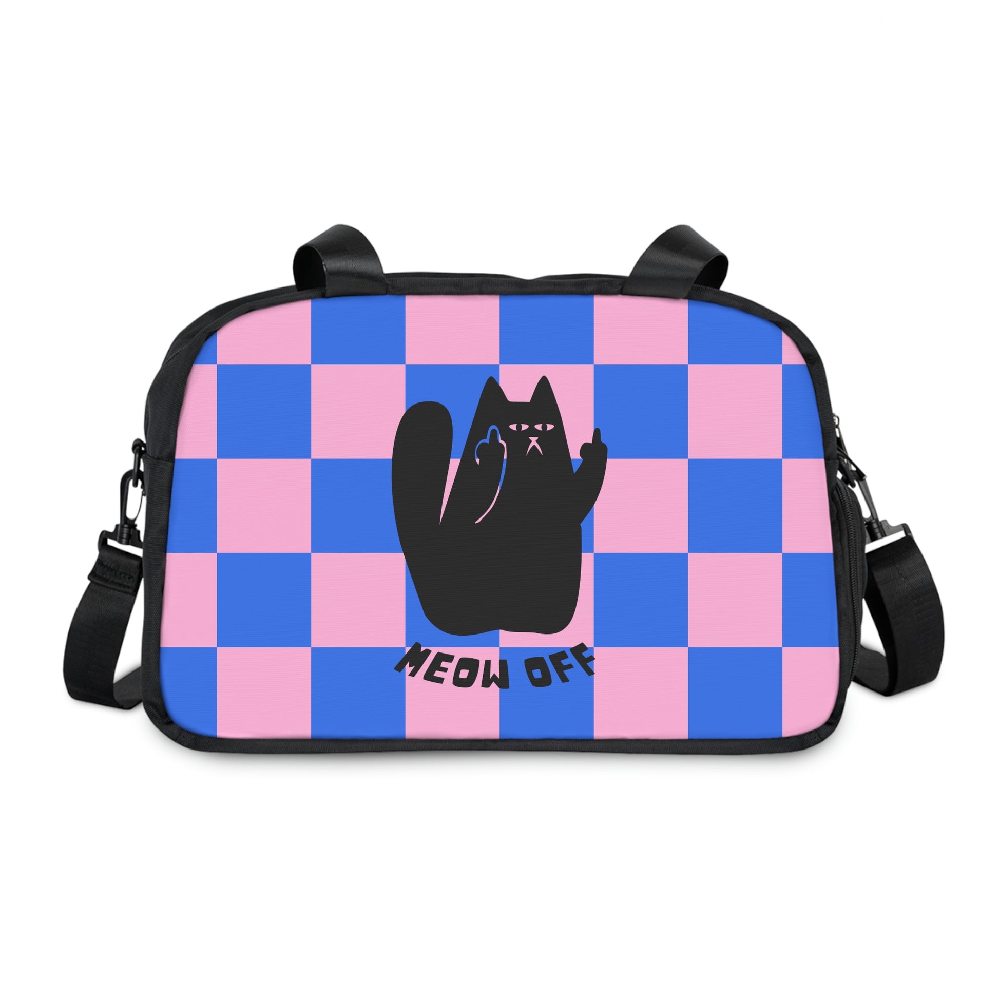 Checkered Funny cat Fitness Handbag, Black Cat middle finger workout bag, cute cat gym bag, cat lover gift ,kawaii yoga bag, sport bag