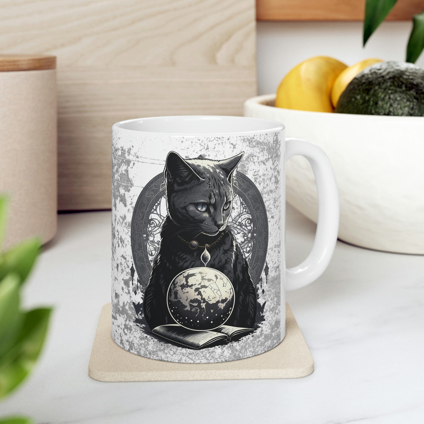Cosmic Cat Ceramic Mug 11oz, cat magician coffee mug, witchy gothic cat tea cup, whimsical mug, witchcraft celestial cat mug, fantasy mug