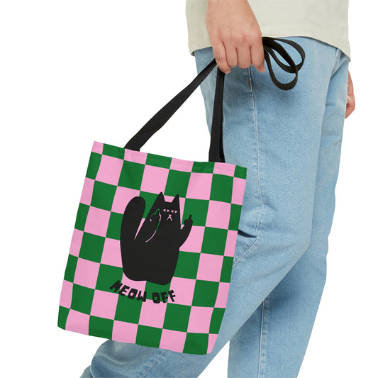 Checkered Funny cat bag, sarcastic cat bag, Black Cat pointing middle finger and says meow off AOP tote bag, Fuck you cat gift