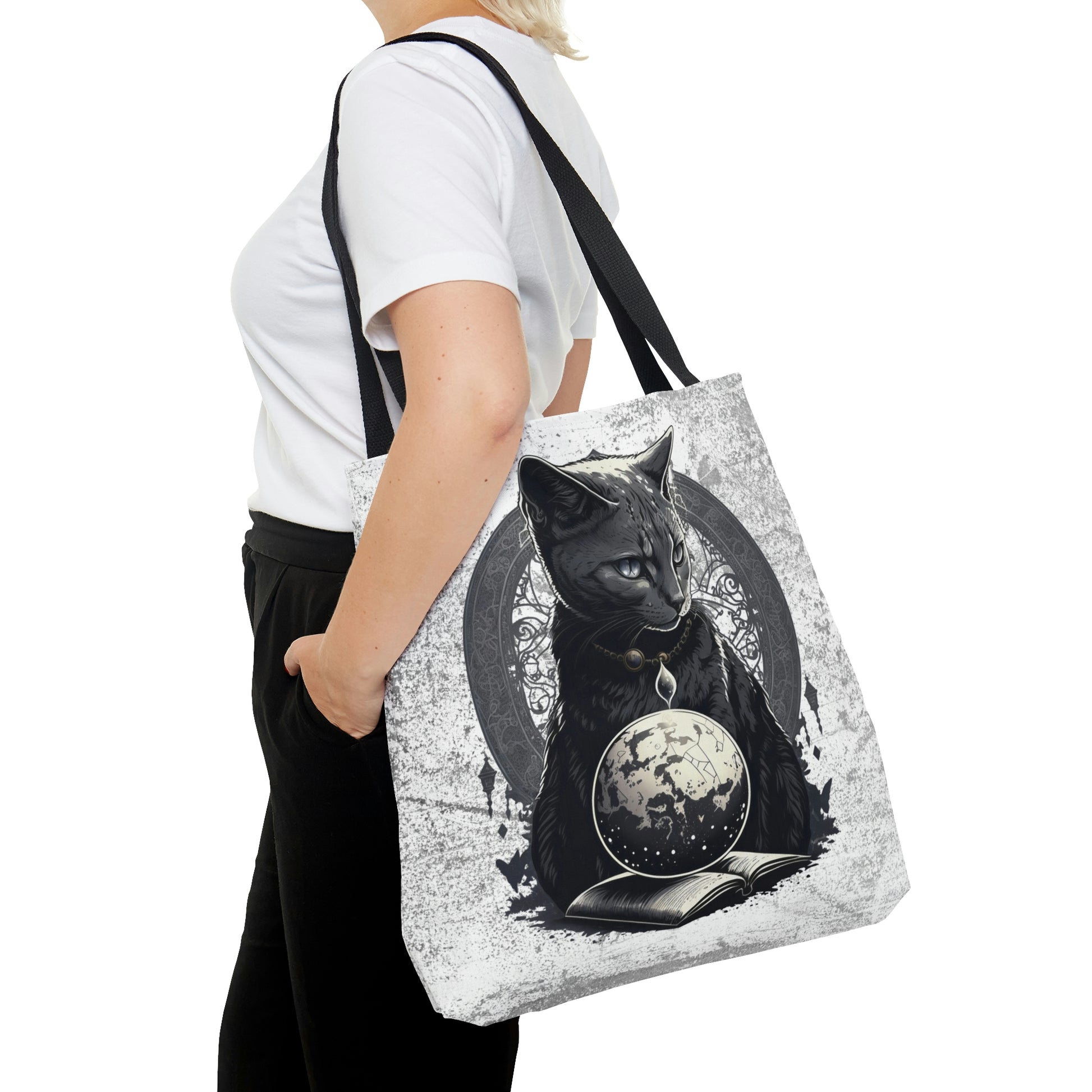 Cosmic Cat Tote Bag, cat magician reusable tote, witchy gothic grocery bag, magical reusable tote, whimsical celestial fantasy shopping bag