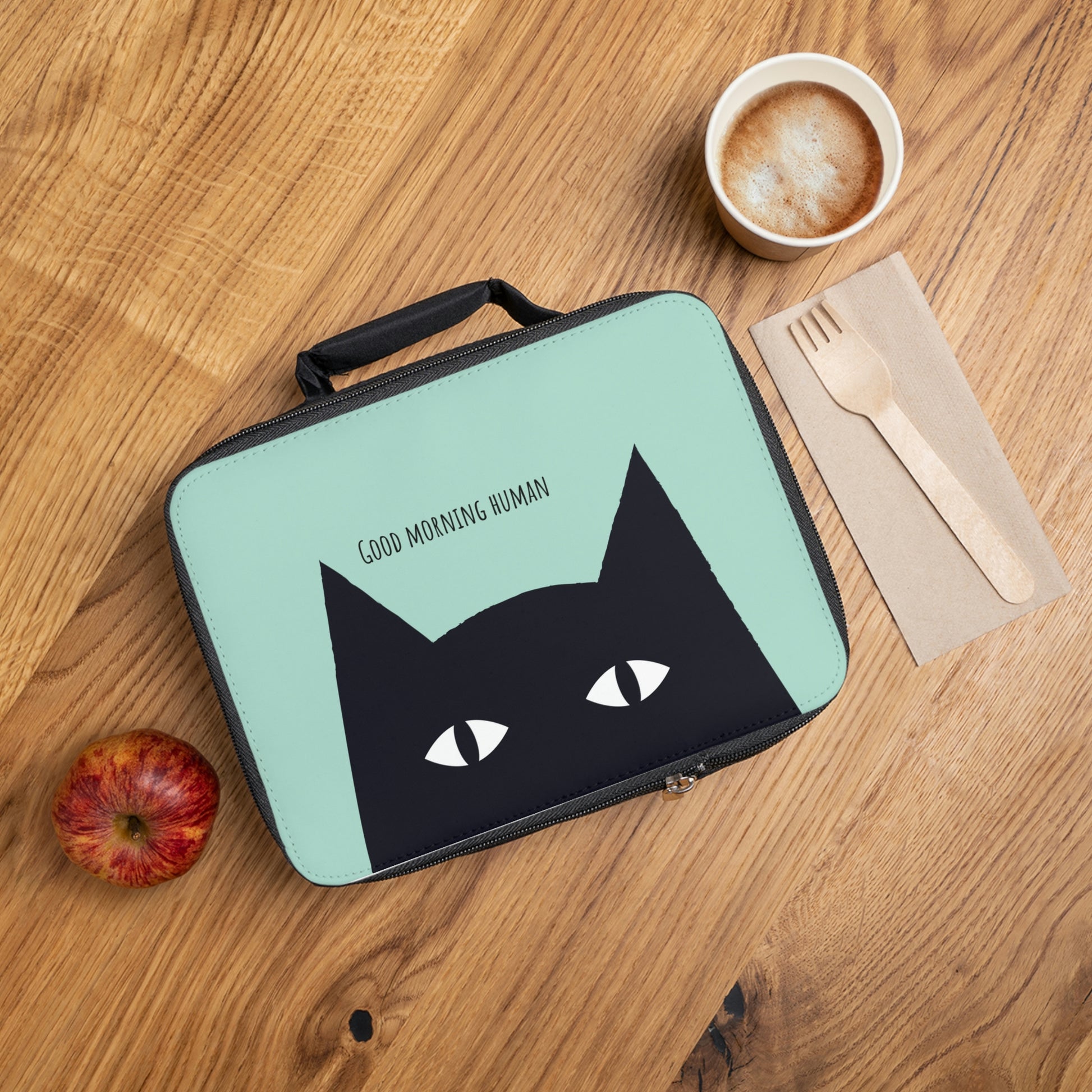 Funny cat lunch bag, Black Cat says Good Morning Human Lunch Bag, kawaii cat tote, cute cat lunch bag, back to school, cat lover gift
