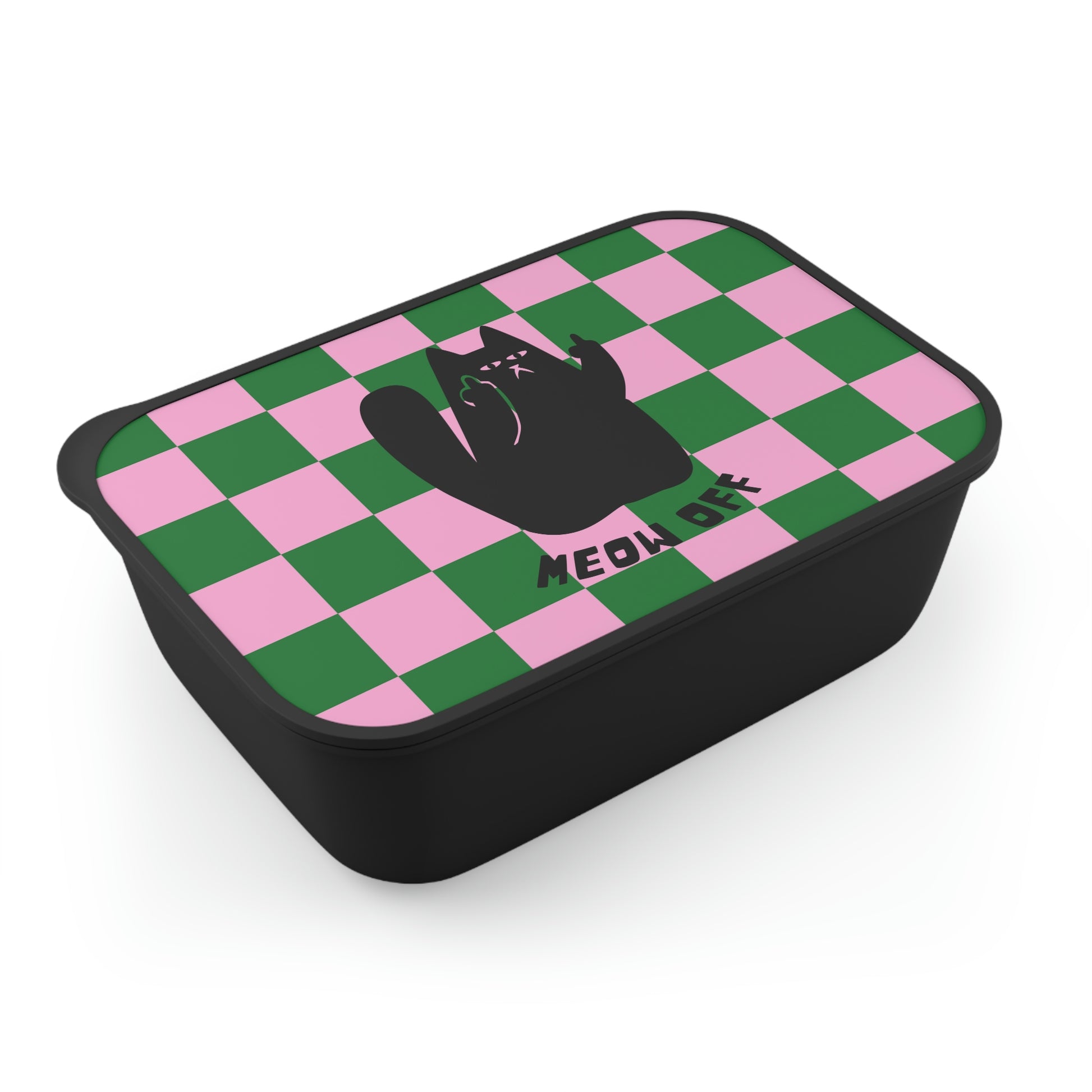 Checkered Funny cat Bento Lunch Box, Black Cat pointing middle finger and says meow off kawaii bento, Fuck you cat lunch box, cat lover gift