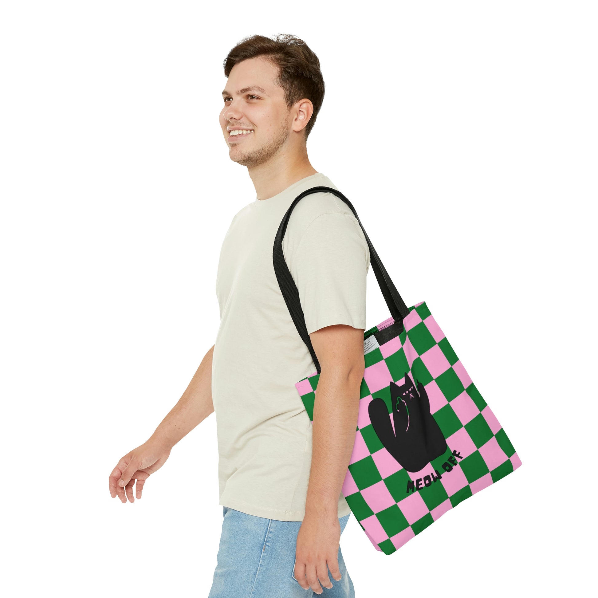 Checkered Funny cat bag, sarcastic cat bag, Black Cat pointing middle finger and says meow off AOP tote bag, Fuck you cat gift