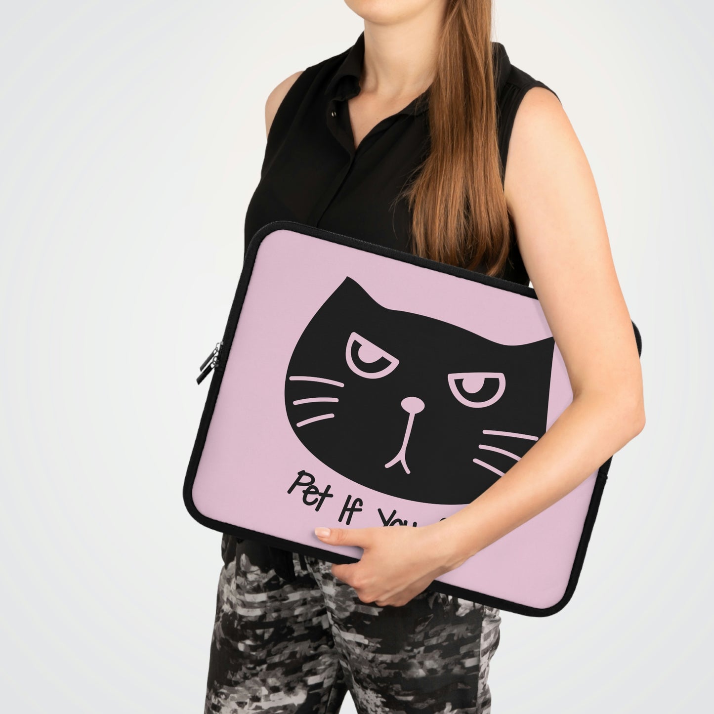 Black cat says Pet if you can pink Laptop Sleeve, funny cat laptop case, cute cat laptop bag, kawaii laptop sleeve, cute cat lover gift